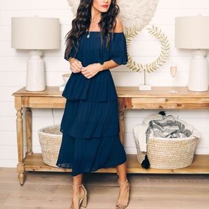 Off the shoulder pleated tiered midi dress